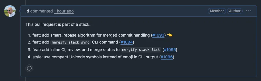 Stack comment showing all PRs in the chain